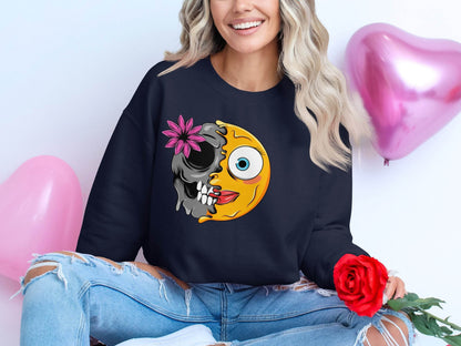 Half Skull and Happy Face Smiley Design Sweater - Design & Vybe