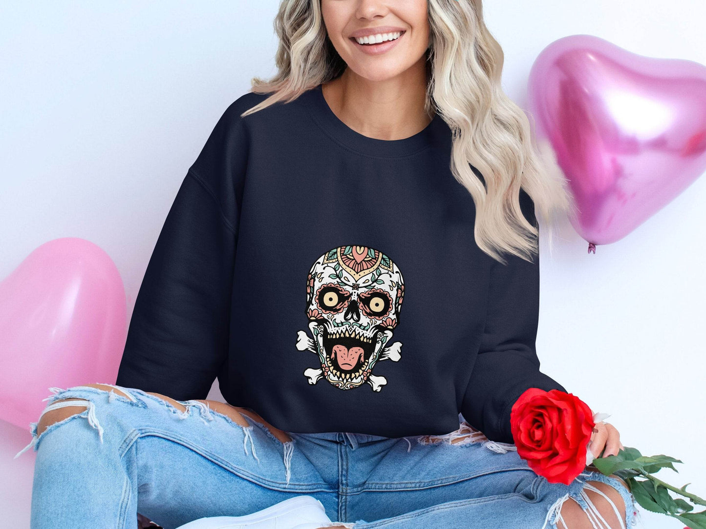 Skull with Floral Pattern on a Bone Design Graphic Sweater - Design & Vybe
