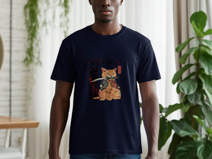 Tattooed Cat with Sword and Japanese Southside Text Design T-Shirt - Design & Vybe