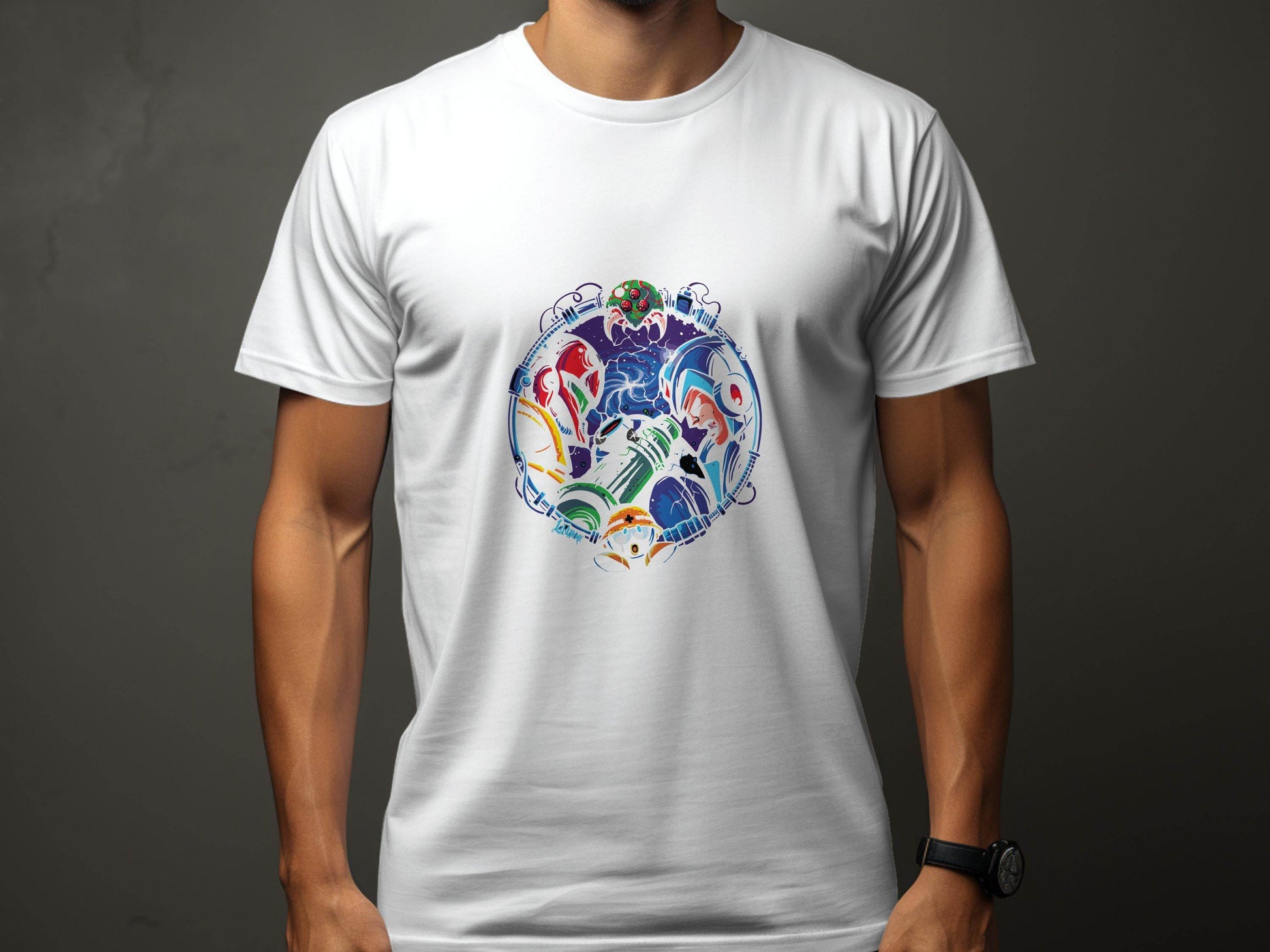 Metroid Meets Mega Man Character Design in Space T-Shirt - Design & Vybe