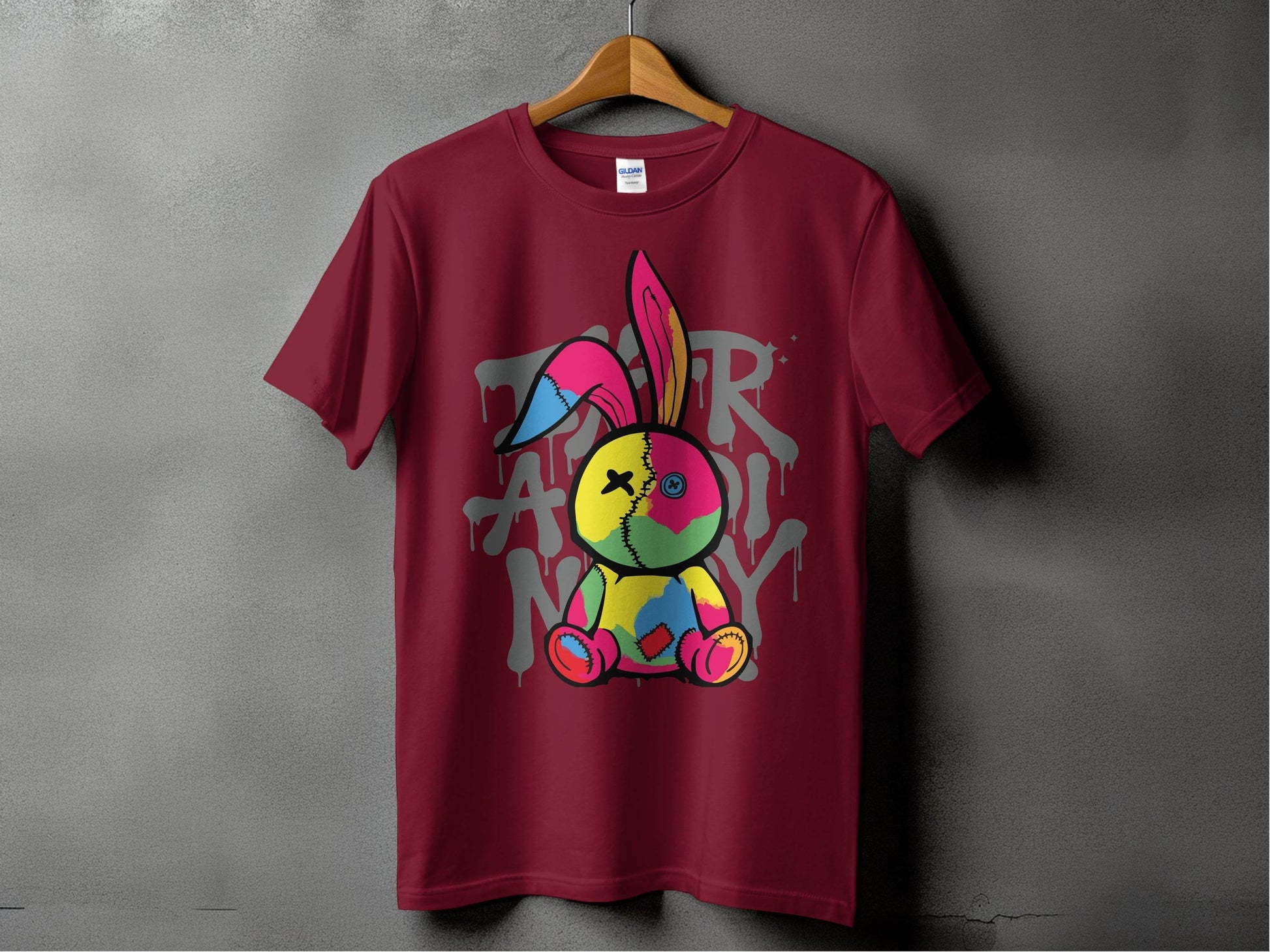 Dark Red T-Shirt with Colorful Rabbit Design product