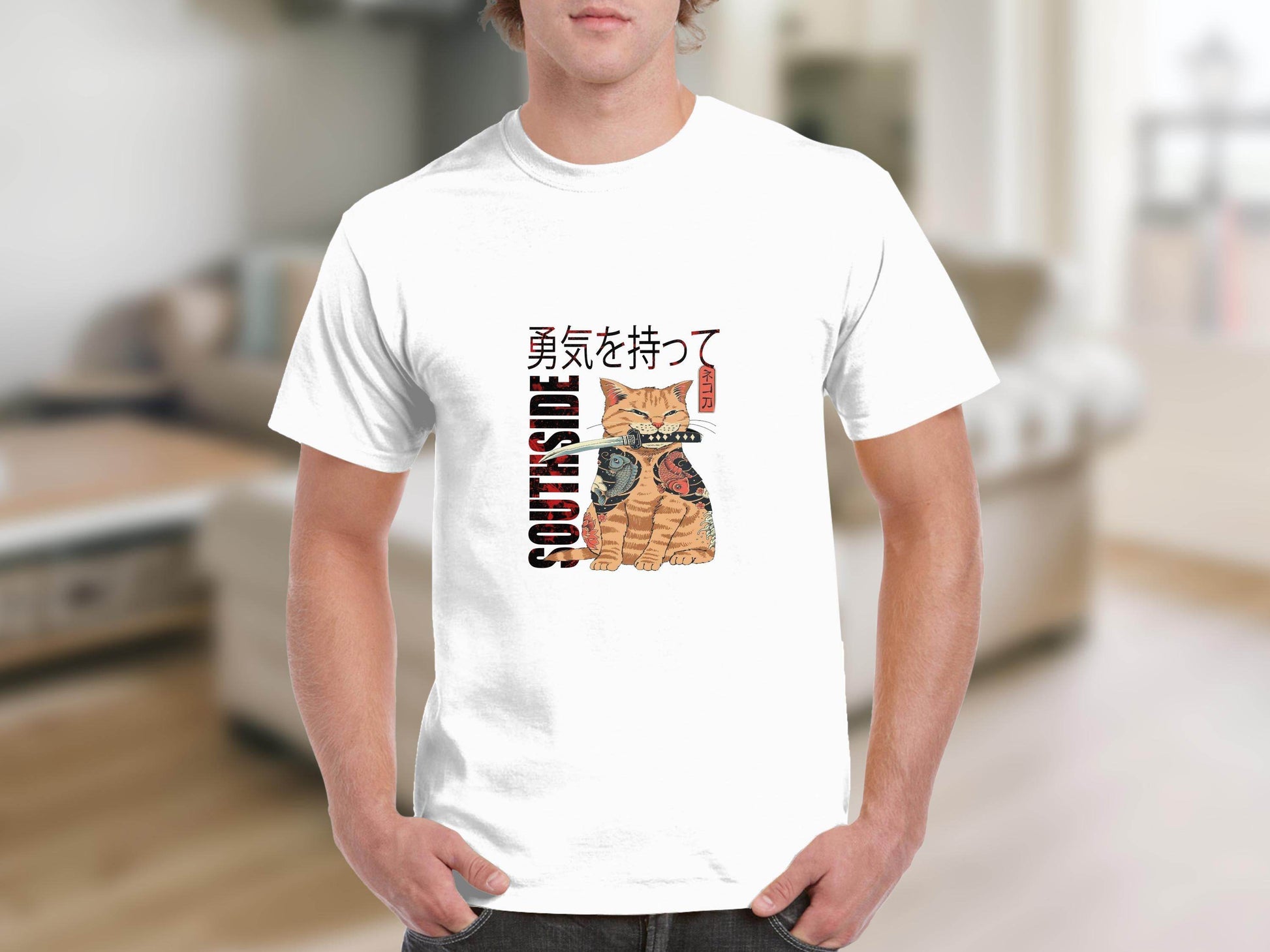 Tattooed Cat with Sword and Japanese Southside Text Design T-Shirt - Design & Vybe