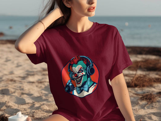 Evil Clown with Headphones Graphic Design Funny T-Shirt - Design & Vybe