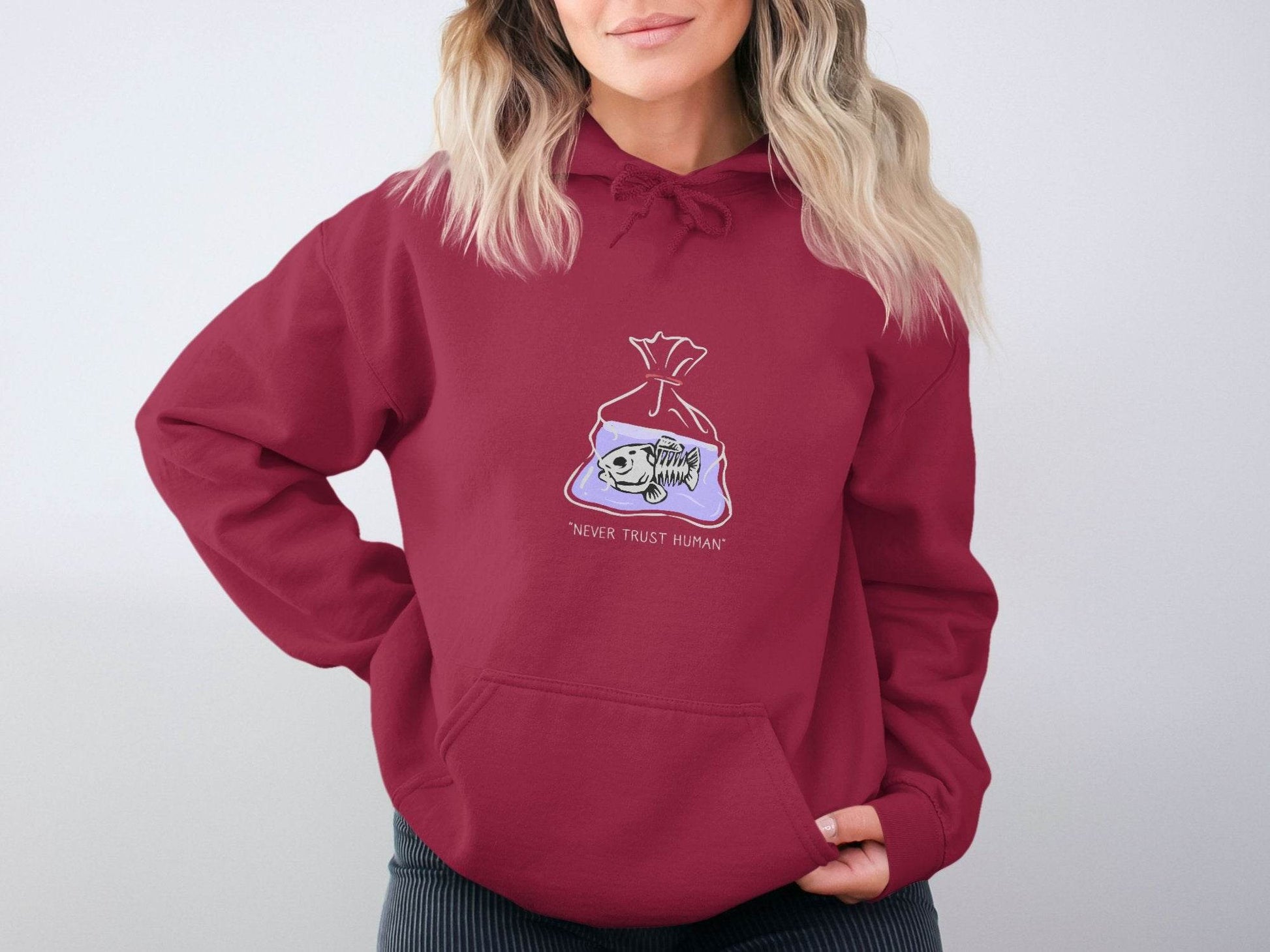 Never Trust Human Fish Skeleton Plastic Bag Design Hoodie - Design & Vybe