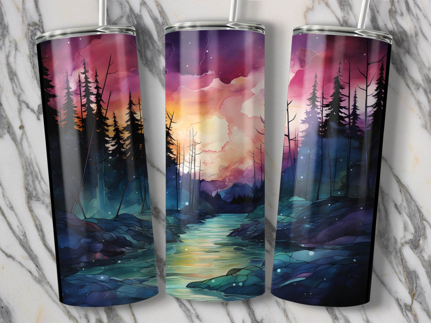 Sunset Over Forest River Artistic Illustration Tumbler - Design & Vybe