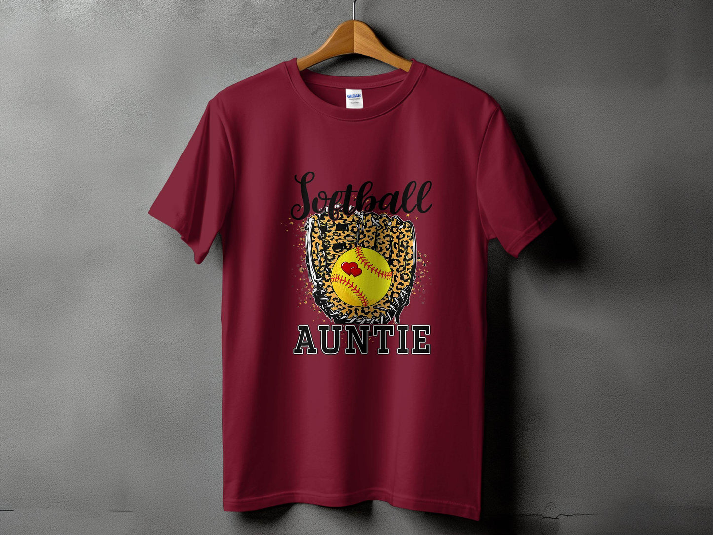 Softball Auntie with Hearts and Leopard Glove Design T-Shirt - Design & Vybe