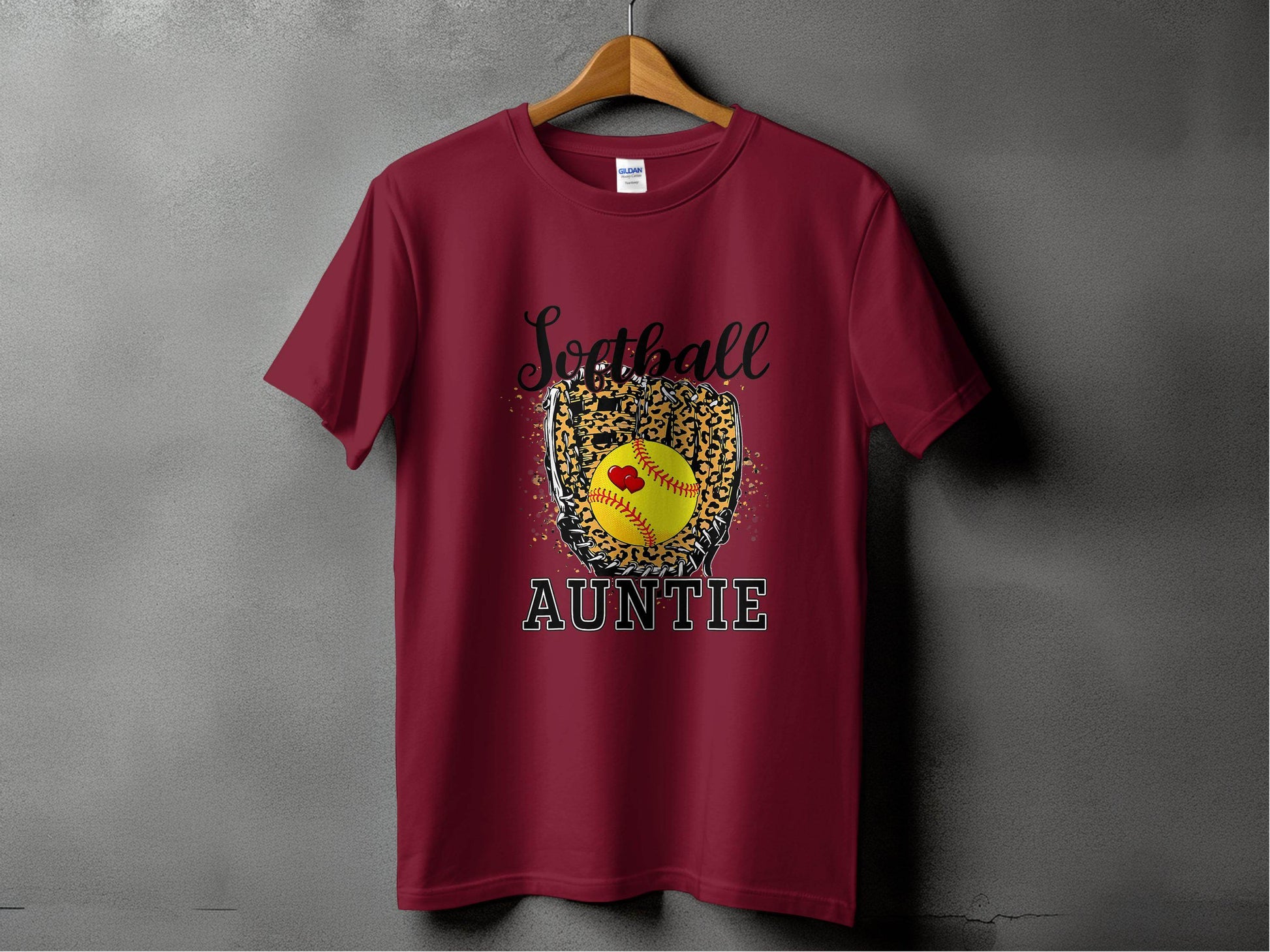 Softball Auntie with Hearts and Leopard Glove Design T-Shirt - Design & Vybe