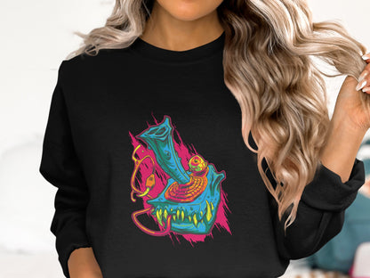 Colorful Weird Creature Print Black Sweatshirt product