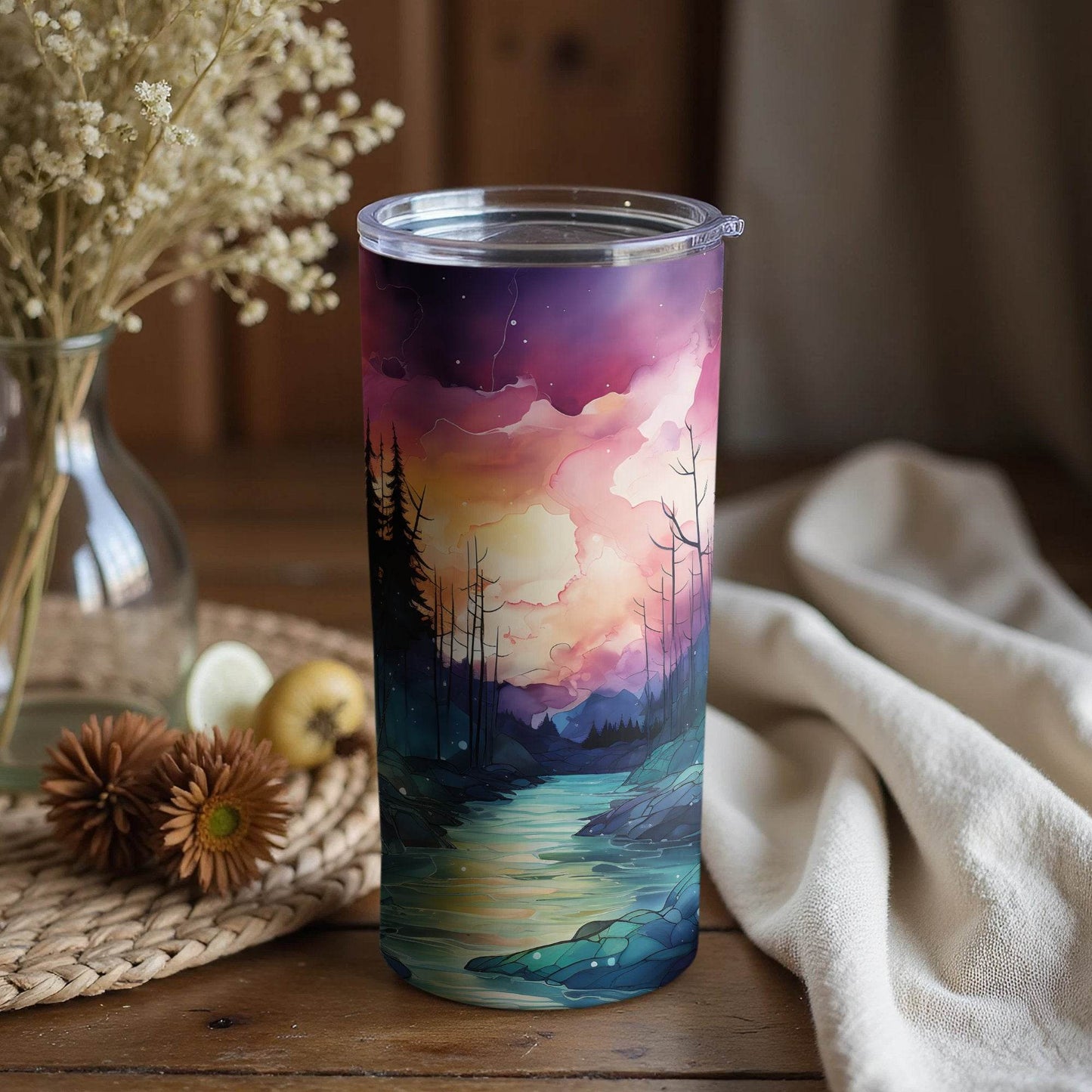 Sunset Over Forest River Artistic Illustration Tumbler - Design & Vybe