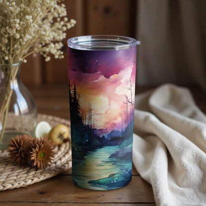 Sunset Over Forest River Artistic Illustration Tumbler - Design & Vybe