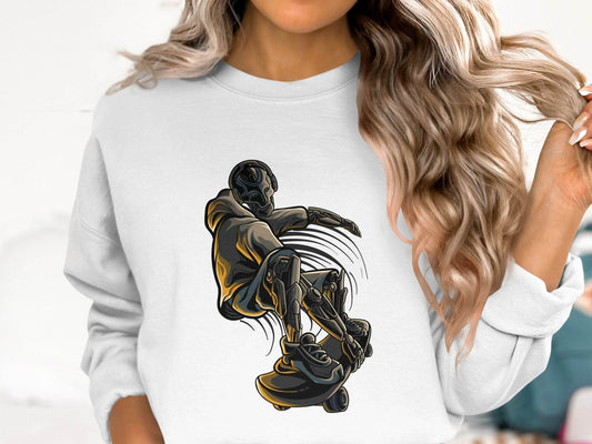 Futuristic Robot Skateboarding Graphic on Trendy Sweater - Design & Vybe