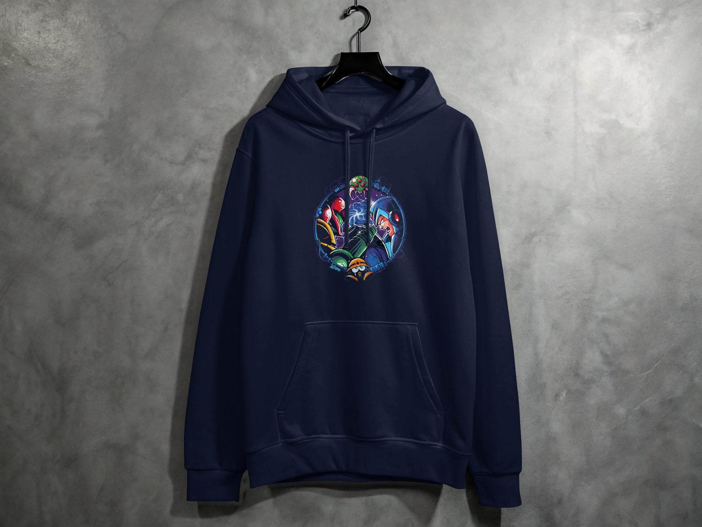 Metroid Meets Mega Man Character Design in Space Hoodie - Design & Vybe
