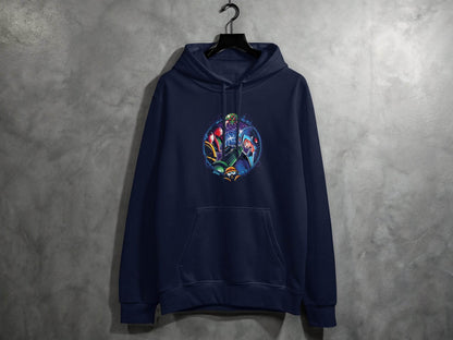 Metroid Meets Mega Man Character Design in Space Hoodie - Design & Vybe