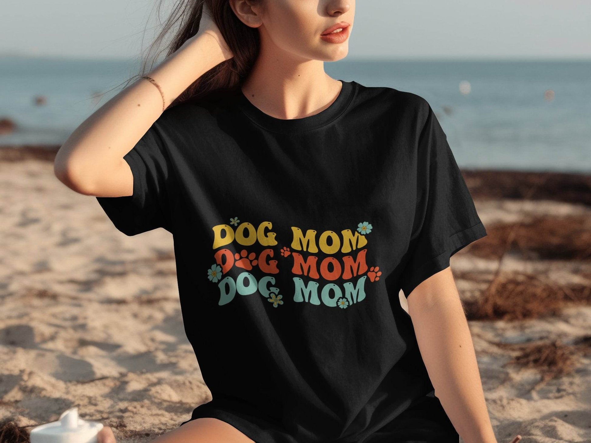 Dog Mom Retro Style with Flowers and Paw Prints T-Shirt - Design & Vybe
