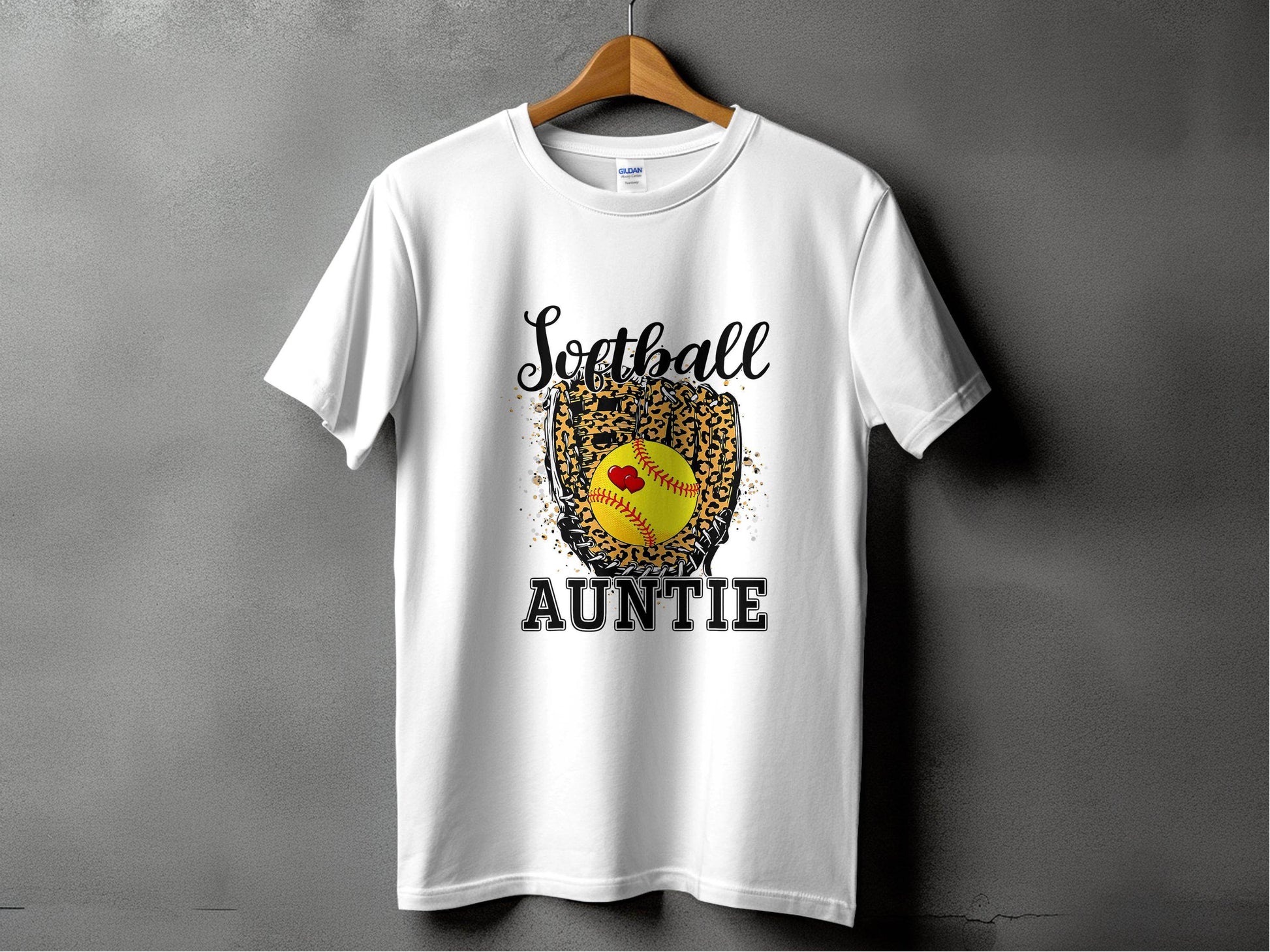 Softball Auntie with Hearts and Leopard Glove Design T-Shirt - Design & Vybe