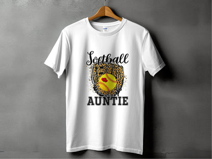 Softball Auntie with Hearts and Leopard Glove Design T-Shirt - Design & Vybe