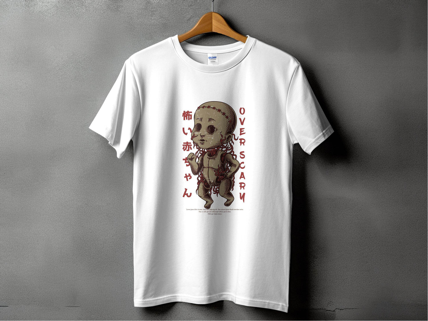 Scary Doll with Japanese Text Design Trendy Over Scary T-Shirt - Design & Vybe