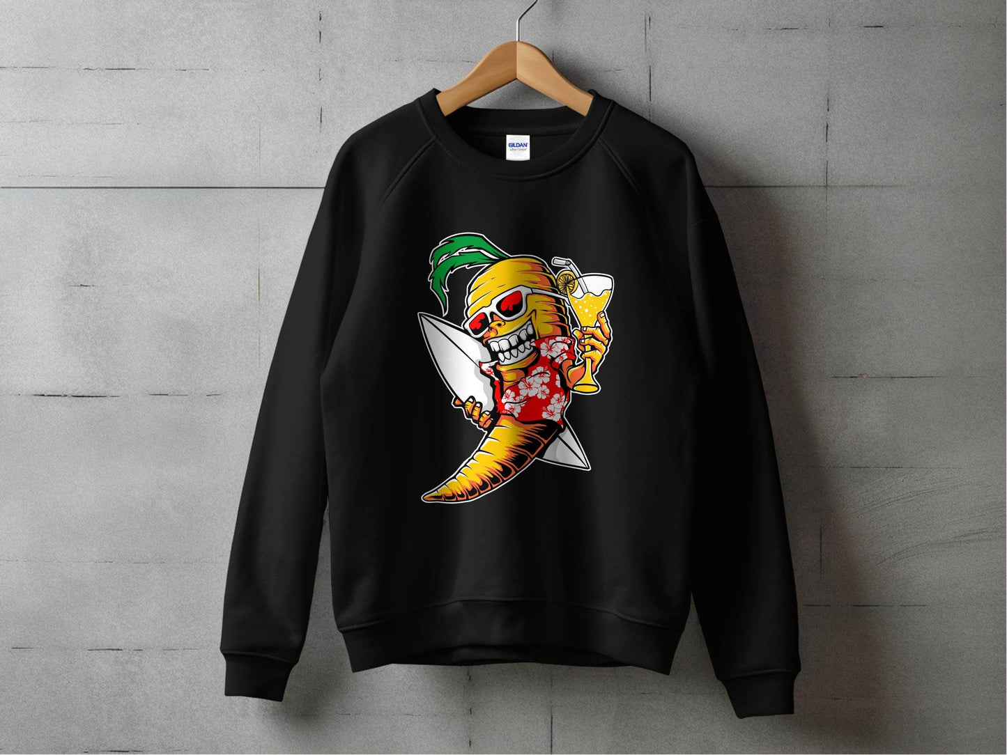 Tropical Vibes Surfboard Carrot Skeleton Graphic Sweater - Design & Vybe