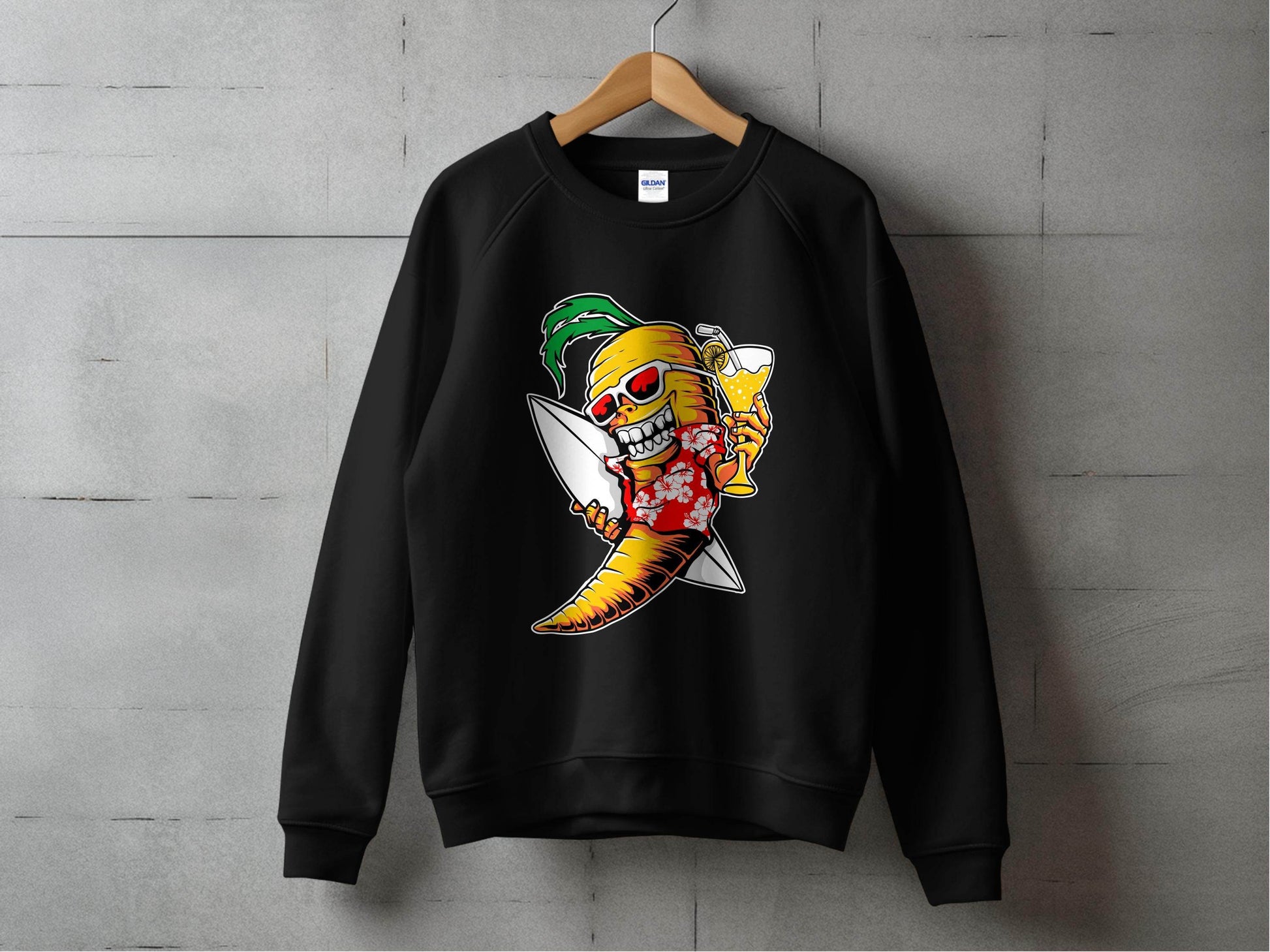 Tropical Vibes Surfboard Carrot Skeleton Graphic Sweater - Design & Vybe