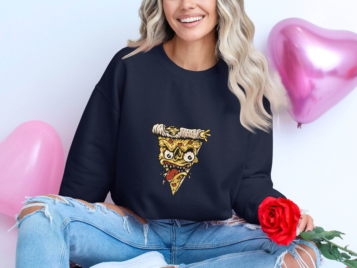 Creepy Pizza Slice with Evil Face Graphic Print Sweater - Design & Vybe