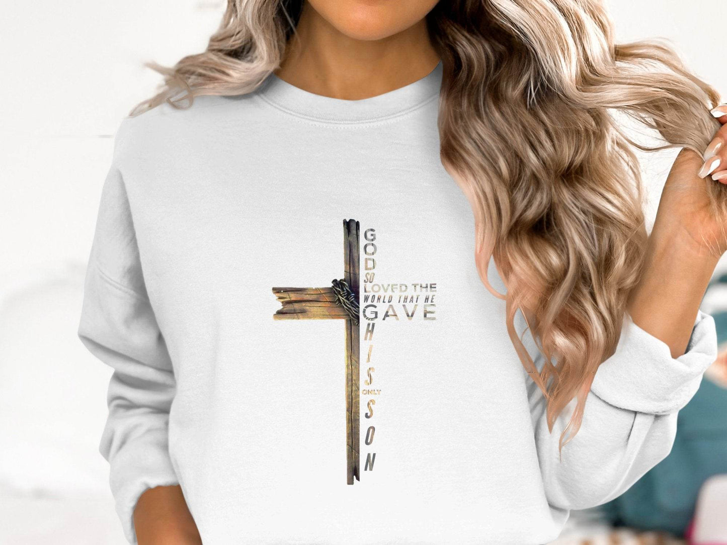 God so Loved the World Christian Wooden Cross Bible Sweater - Design & Vybe