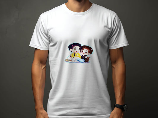 Two Boys Cute Cartoon Sitting Together Art On T-Shirt - Design & Vybe