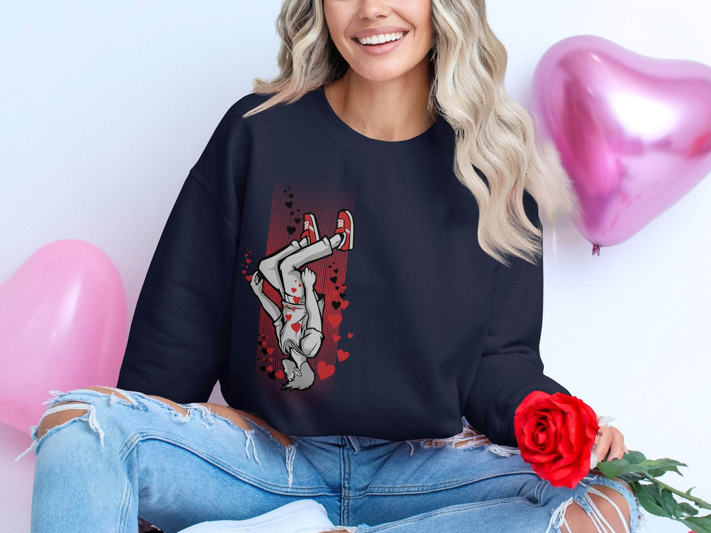 Dynamic Falling Character Heart Design Sweater - Design & Vybe