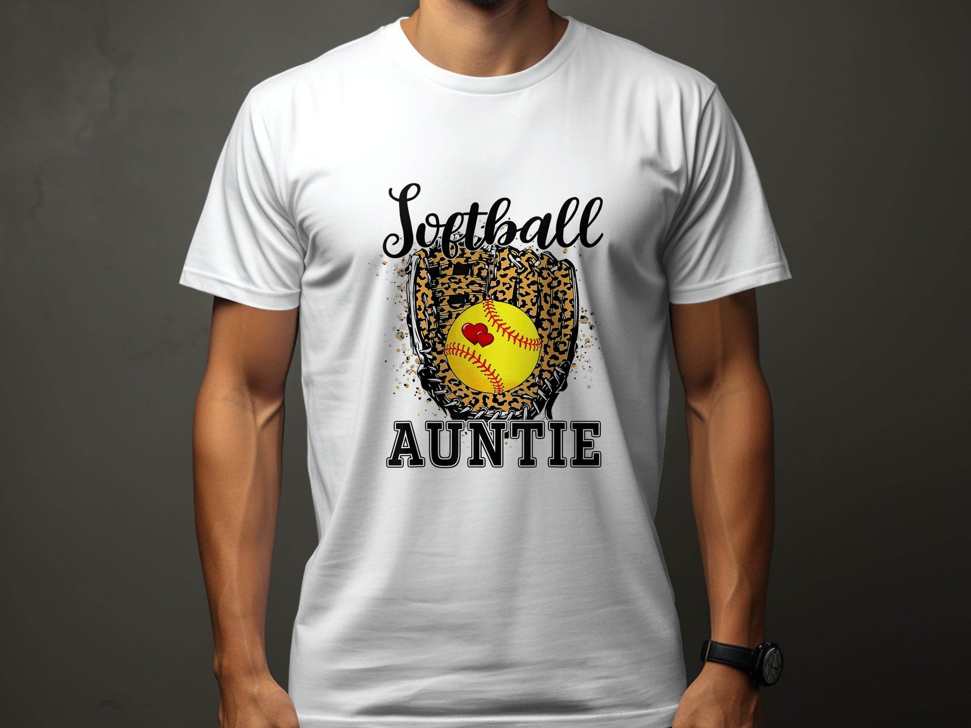 Softball Auntie with Hearts and Leopard Glove Design T-Shirt - Design & Vybe
