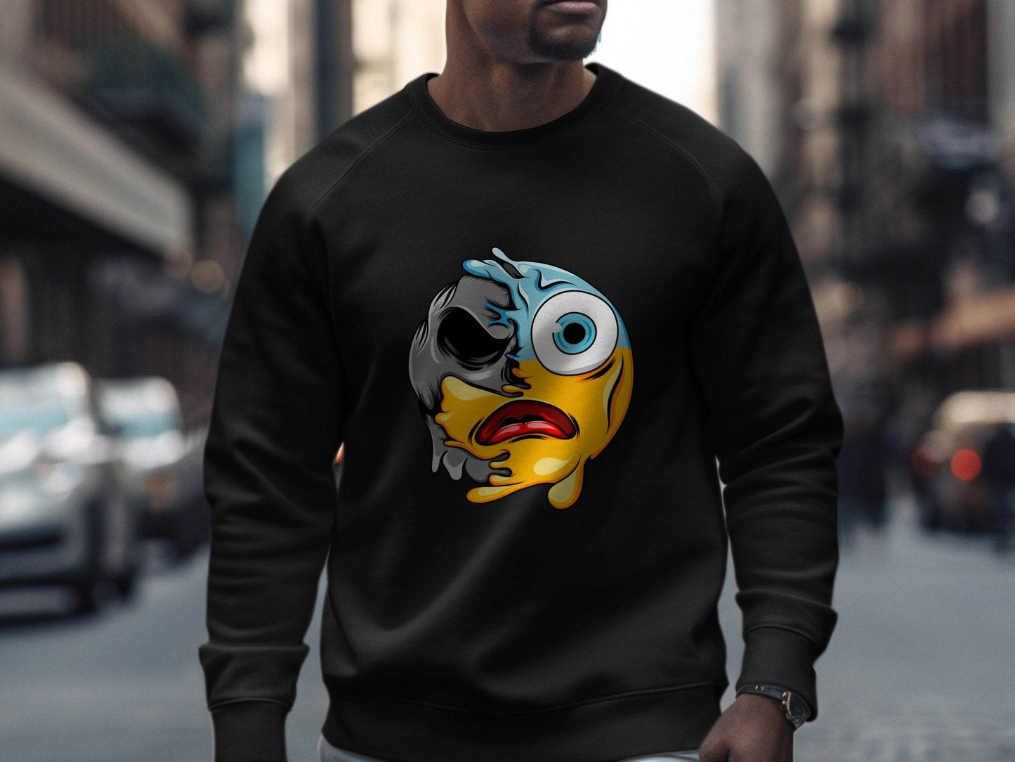 Melting Dual Face Smiley Graphic Sweater - Design & Vybe