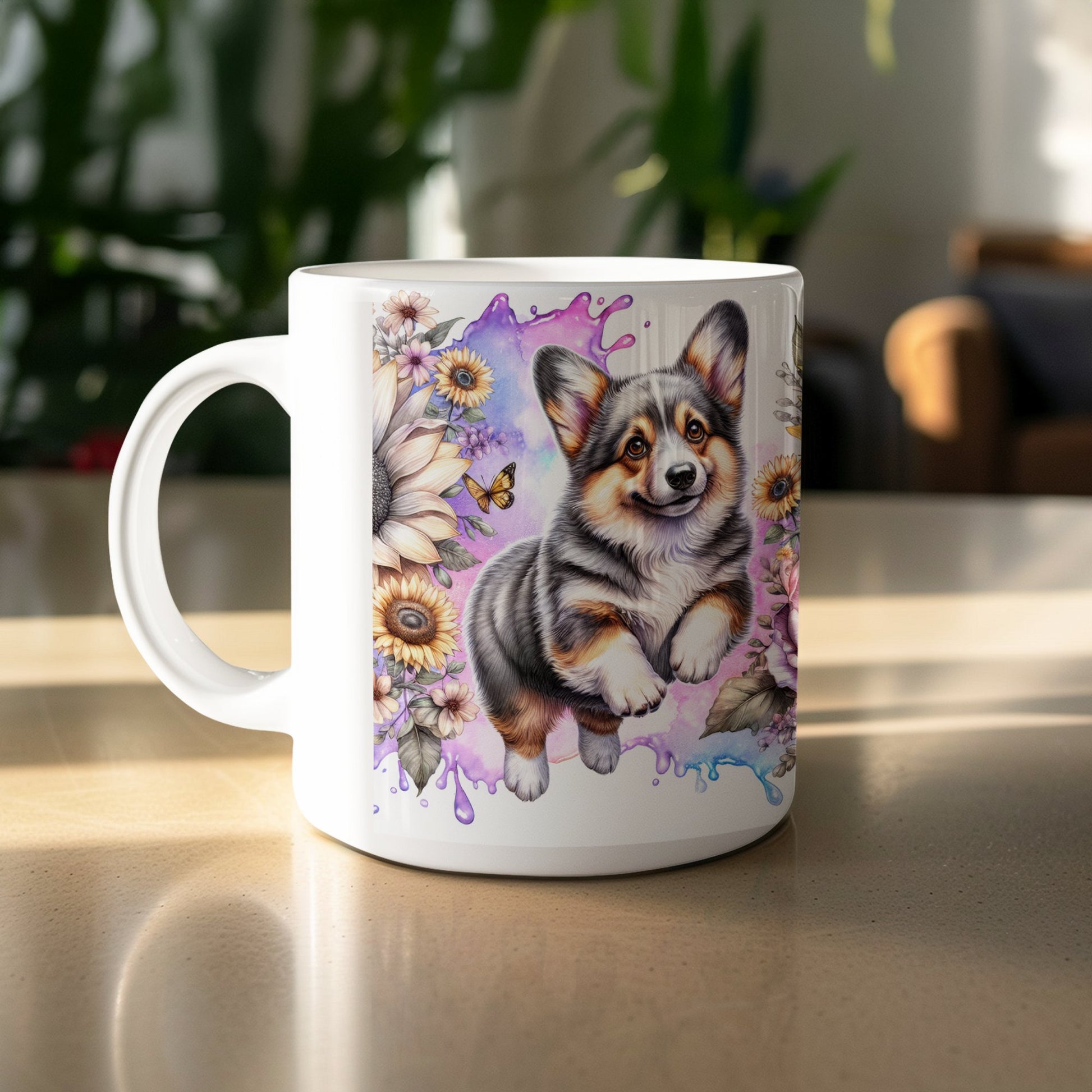 Cute Corgi Floral Design Art on White Mug Product