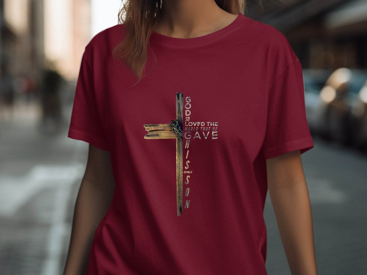 God so Loved the World Christian Wooden Cross Bible T-Shirt - Design & Vybe
