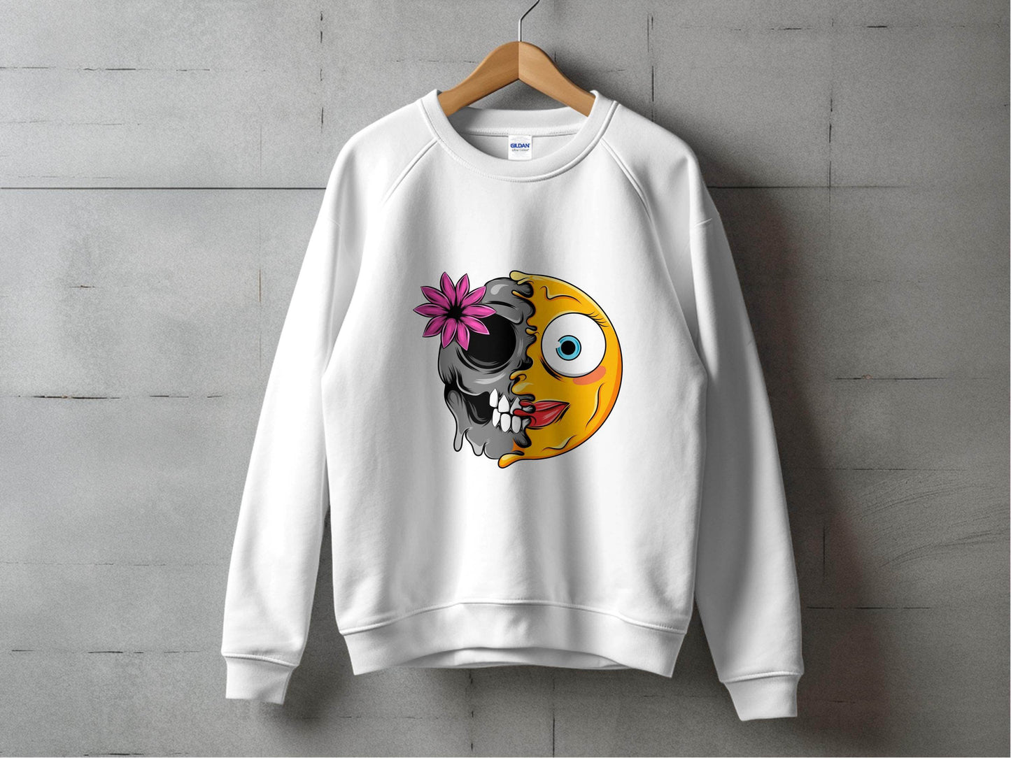 Half Skull and Happy Face Smiley Design Sweater - Design & Vybe