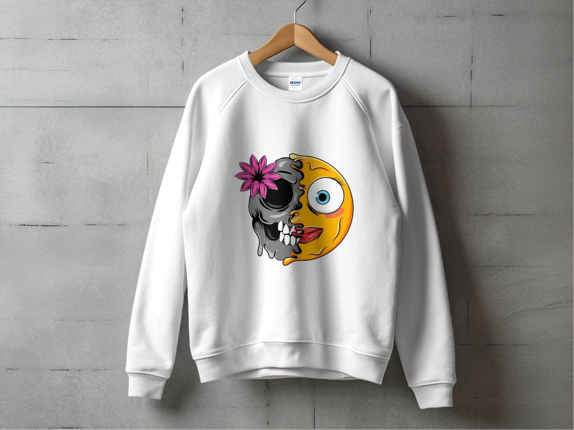 Half Skull and Happy Face Smiley Design Sweater - Design & Vybe