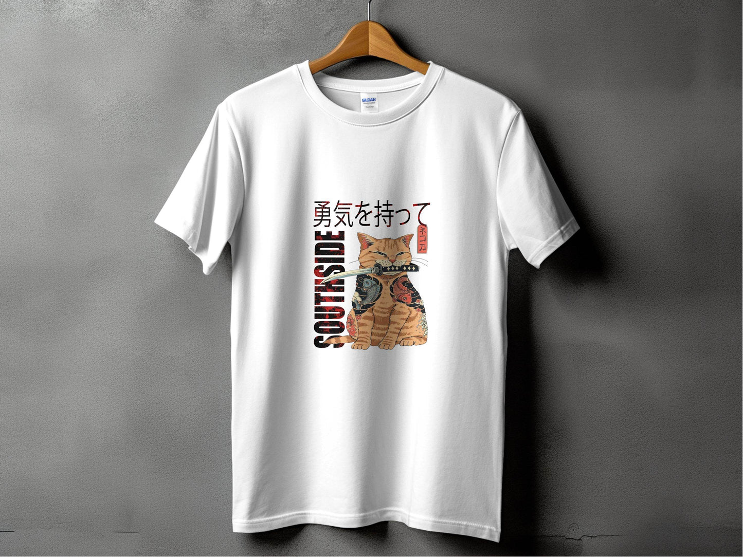 Tattooed Cat with Sword and Japanese Southside Text Design T-Shirt - Design & Vybe