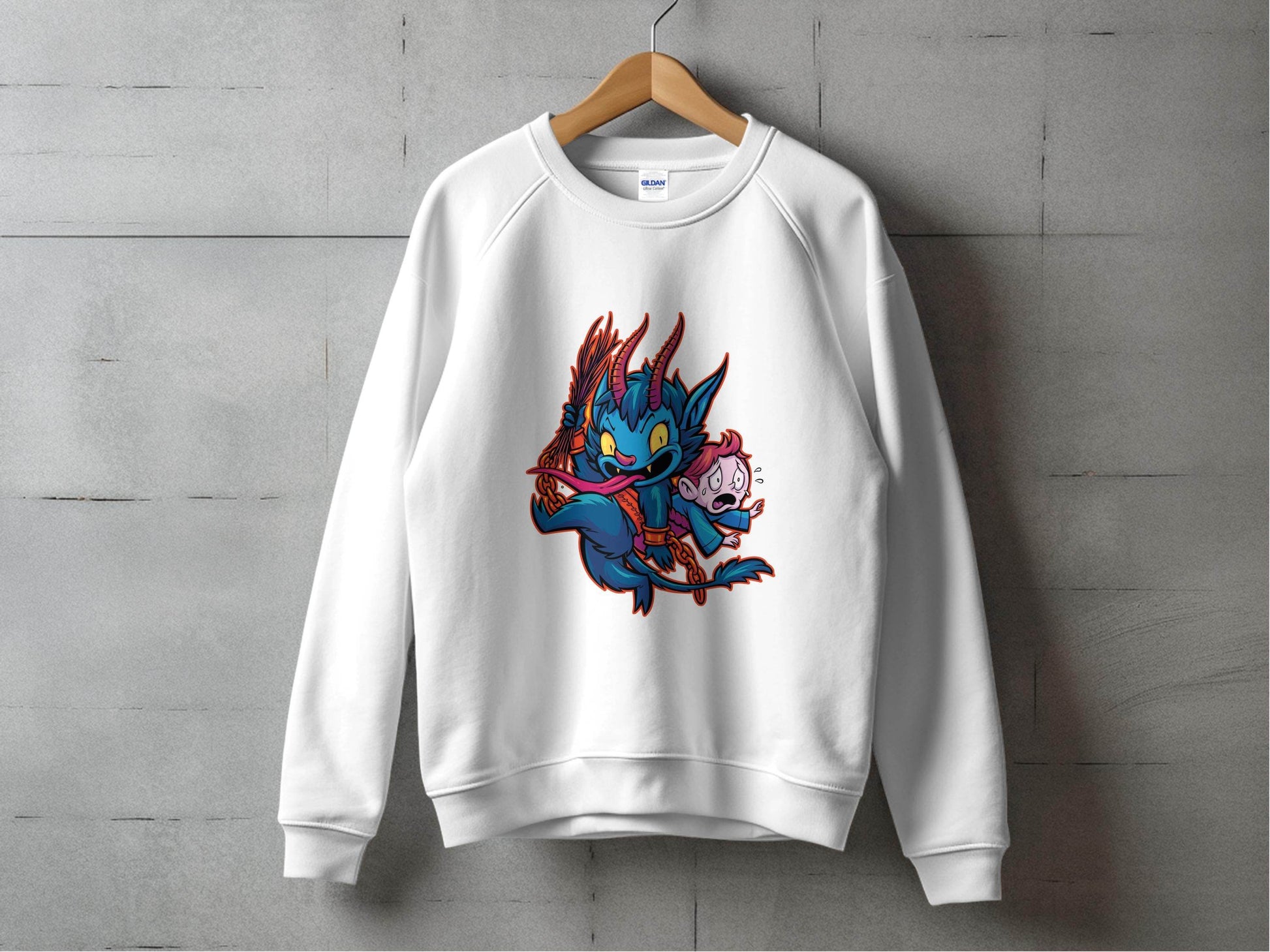 Krampus With Child Caught Illustration Cartoon Sweater - Design & Vybe