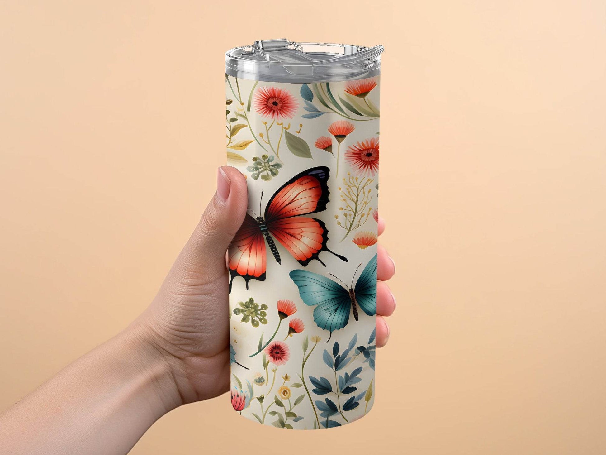 Butterflies Among Flowers Vibrant Floral Design Cute Tumbler - Design & Vybe