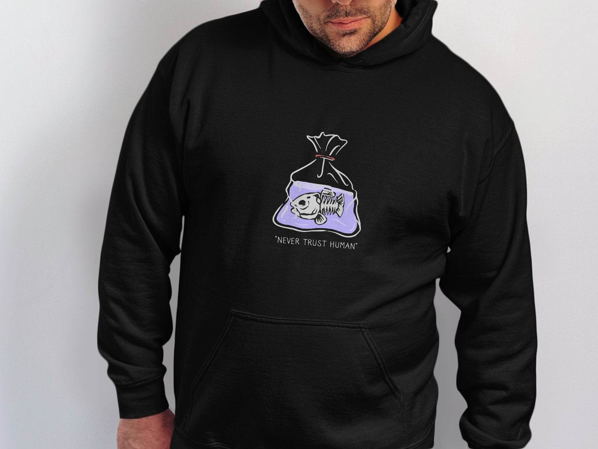 Never Trust Human Fish Skeleton Plastic Bag Design Hoodie - Design & Vybe