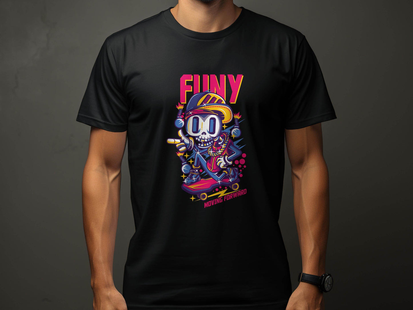 Funny Skull With Bomb On Skateboard Moving Forward T-Shirt - Design & Vybe