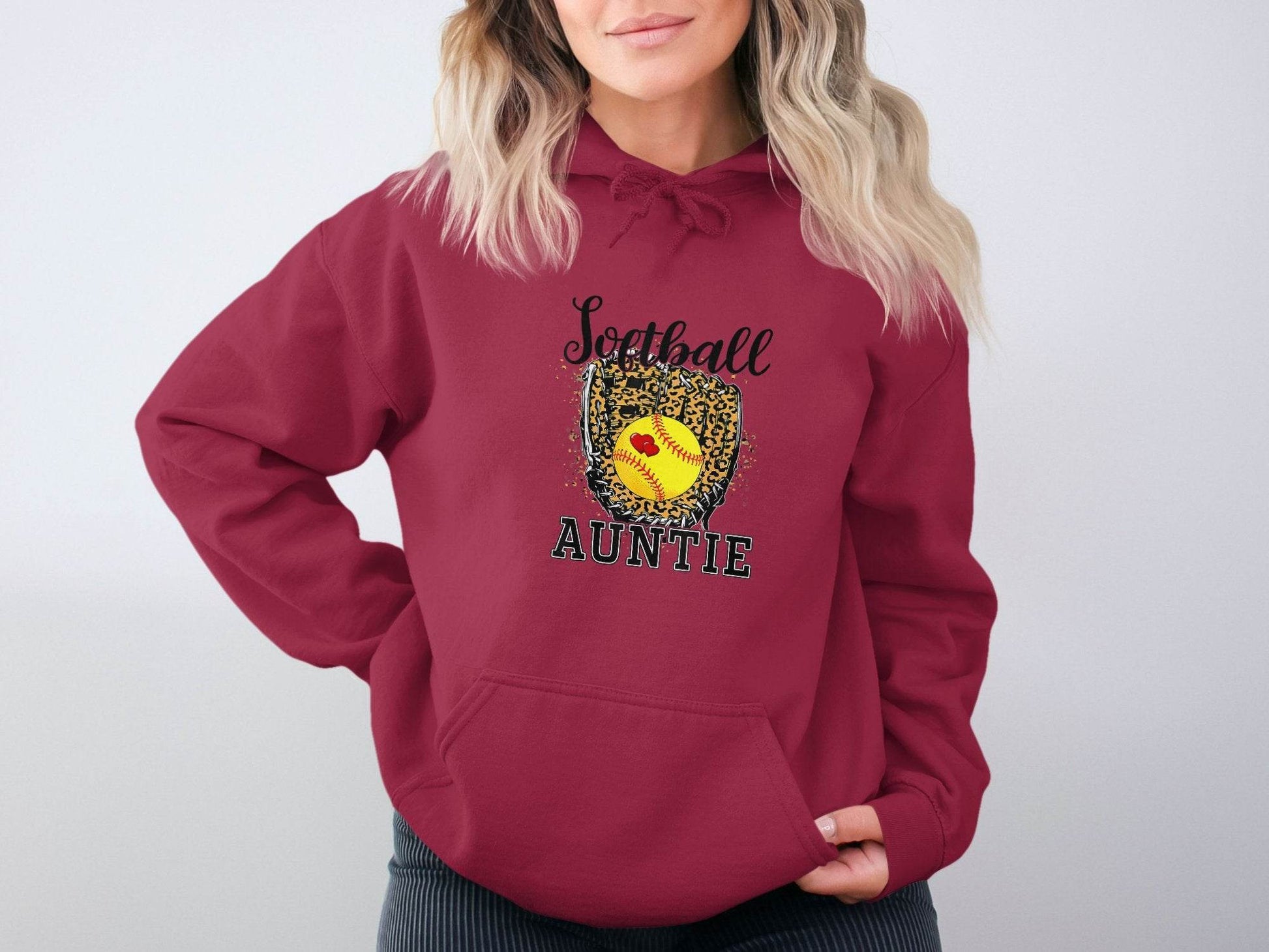 Softball Auntie with Hearts and Leopard Glove Design Hoodie - Design & Vybe