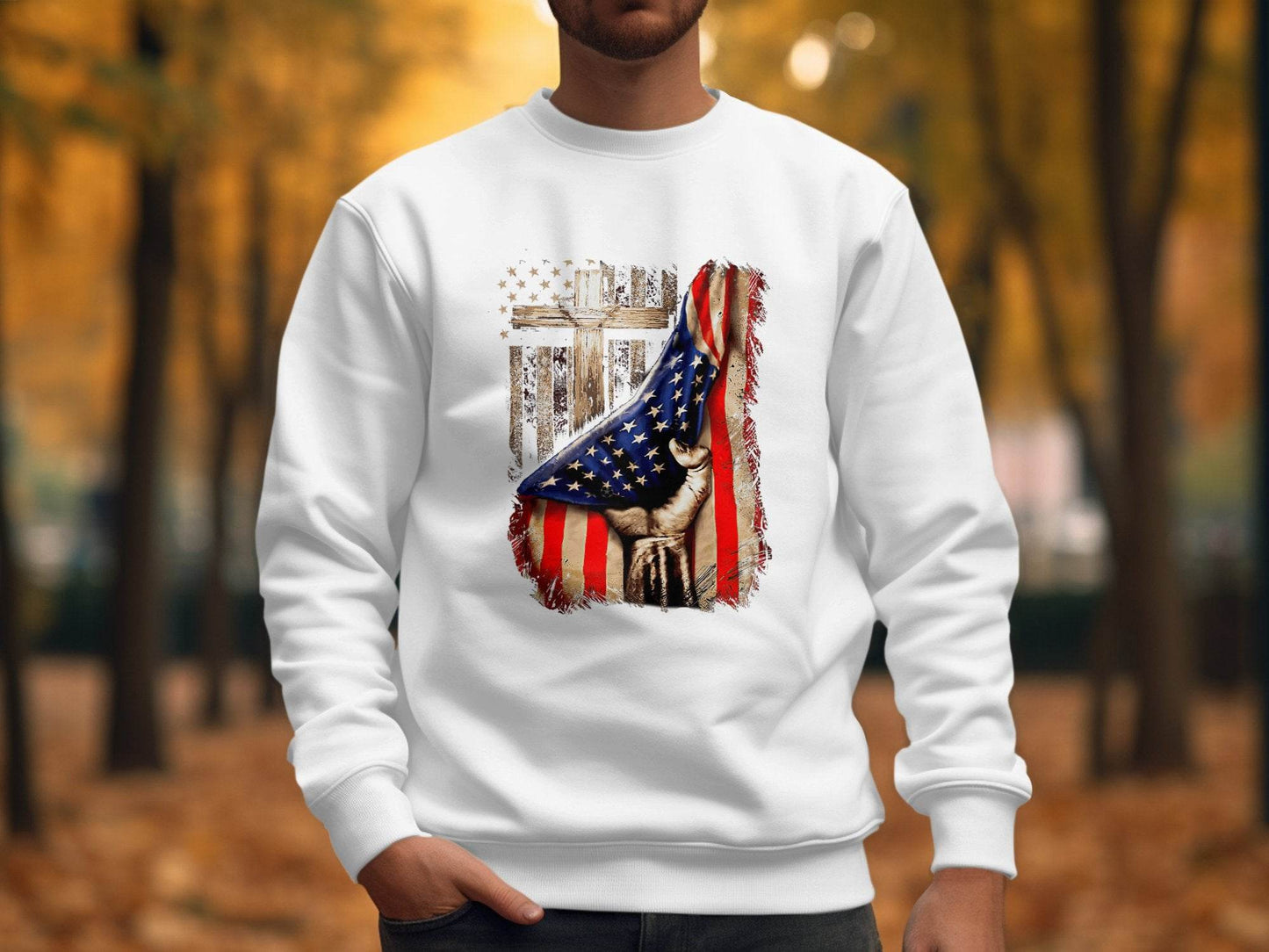 American Flag Plus Cross Held in Hand Design Sweater - Design & Vybe