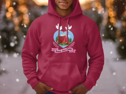 Peace Love Camp Heart and Tent Design Pigeon Art Hoodie - Design & Vybe