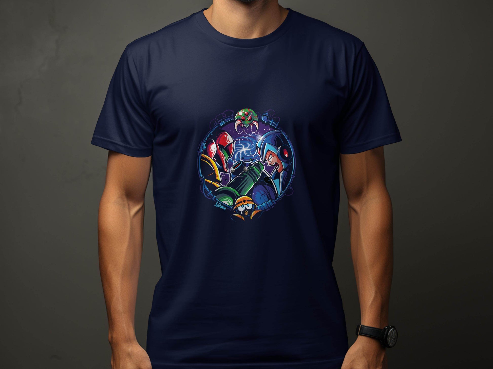 Metroid Meets Mega Man Character Design in Space T-Shirt - Design & Vybe
