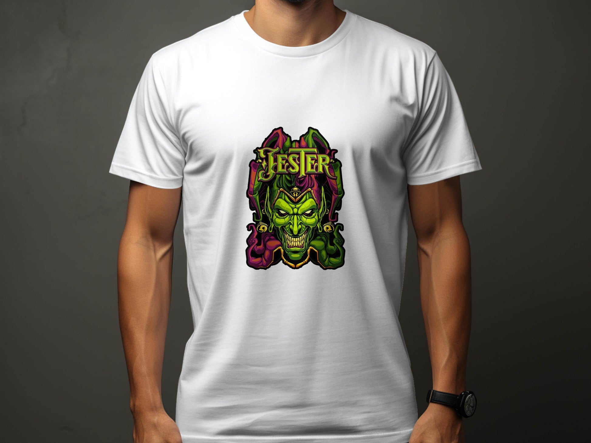 Wicked Jester Graphic Green Purple Gold Artwork T-Shirt - Design & Vybe