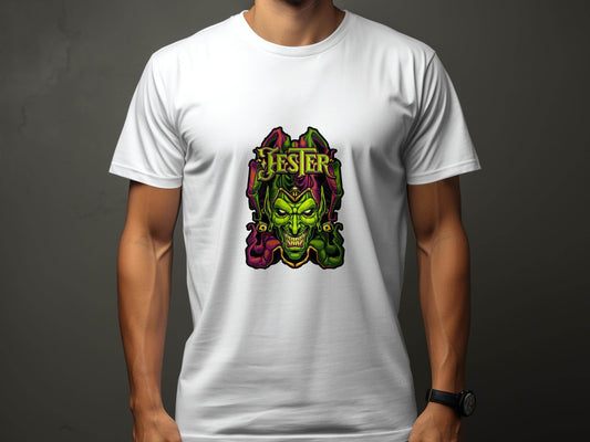 Wicked Jester Graphic Green Purple Gold Artwork T-Shirt - Design & Vybe