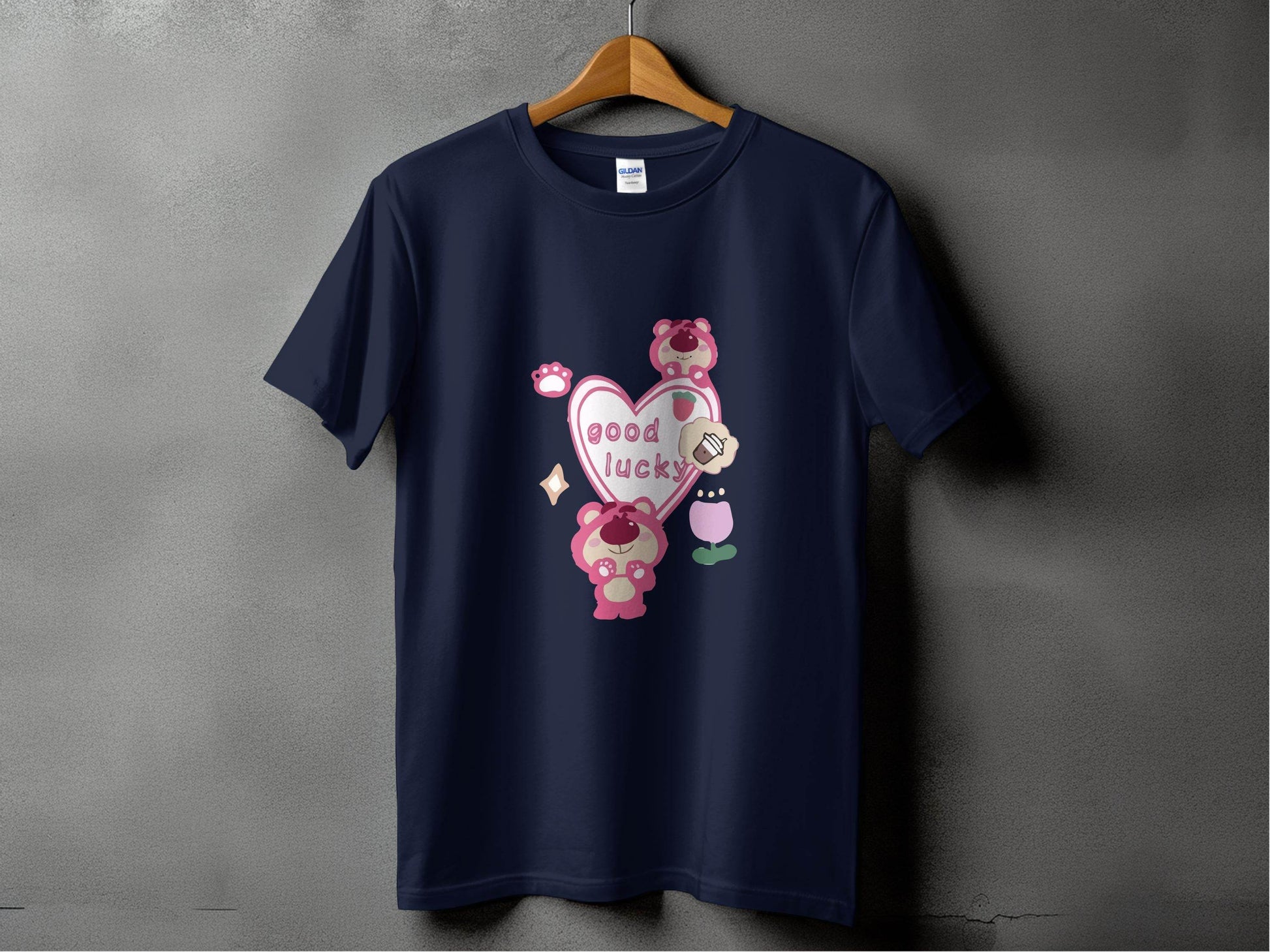 Cute Pink Bear With Good Lucky Heart Design T-Shirt - Design & Vybe