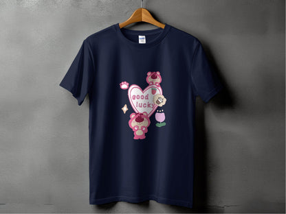 Cute Pink Bear With Good Lucky Heart Design T-Shirt - Design & Vybe