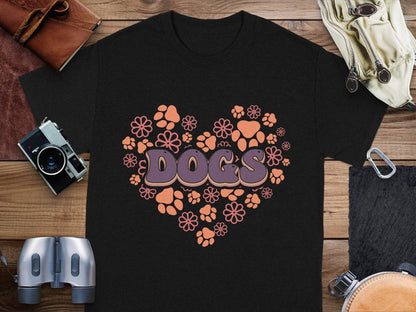 Retro Dogs Heart with Paw Prints and Flowers Design T-Shirt - Design & Vybe