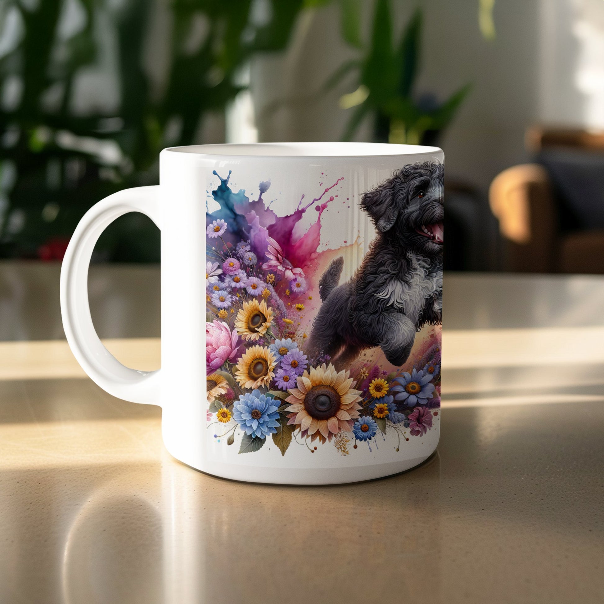 Lively Dog with Colorful Flowers Design Mug product type