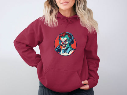 Evil Clown with Headphones Graphic Design Funny Hoodie - Design & Vybe