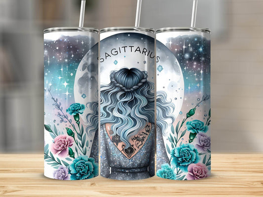 Sagittarius Zodiac Sign Art with Flowers And Moon Tumbler - Design & Vybe